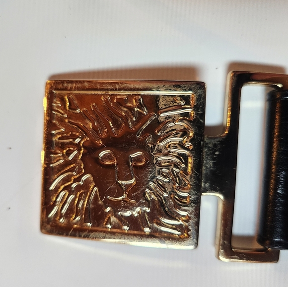 Ladies Black Jute Cotton Stretch LEATHER Belt LION FACE Shiny Buckle Size M/L - Picture 8 of 11